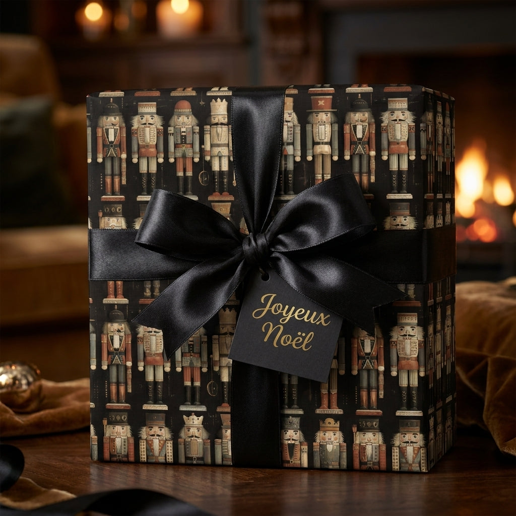 Luxury nutcracker wrapping paper with a black satin bow and Joyeux Noel tag, by Wrapped Studios.