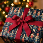 Navy nutcracker Christmas wrapping paper with red ribbon by Wrapped Studios, in front of holiday lights.