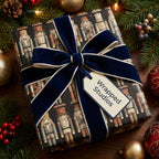 Luxury nutcracker Christmas wrapping paper with a navy velvet bow and gift tag from Wrapped Studios.