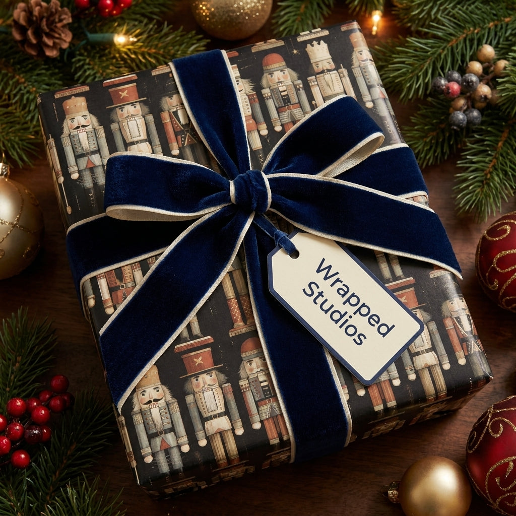 Luxury nutcracker Christmas wrapping paper with a navy velvet bow and gift tag from Wrapped Studios.