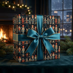 Luxury nutcracker wrapping paper with a teal satin ribbon by Wrapped Studios, set by a cozy Christmas fireplace.