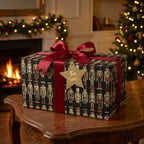 Luxury nutcracker Christmas wrapping paper with a red satin bow by the fireplace, from Wrapped Studios.
