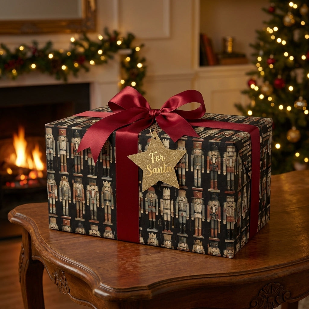 Luxury nutcracker Christmas wrapping paper with a red satin bow by the fireplace, from Wrapped Studios.