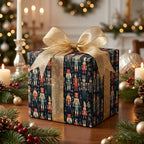 Nutcracker Christmas wrapping paper with a gold bow on holiday gift by Wrapped Studios.