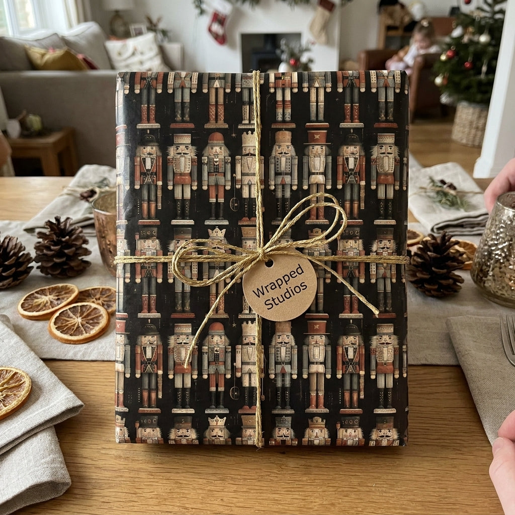 Vintage nutcracker wrapping paper by Wrapped Studios on a Christmas gift tied with rustic twine.