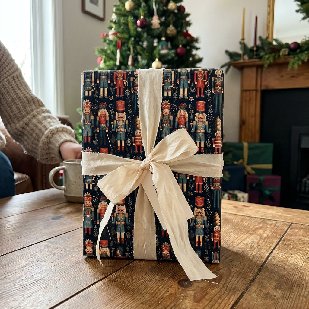 Nutcracker Christmas wrapping paper with cream ribbon by Wrapped Studios on a cozy holiday table.