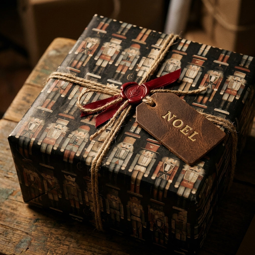 Luxury nutcracker Christmas wrapping paper on a gift with a rustic Noel tag by Wrapped Studios.