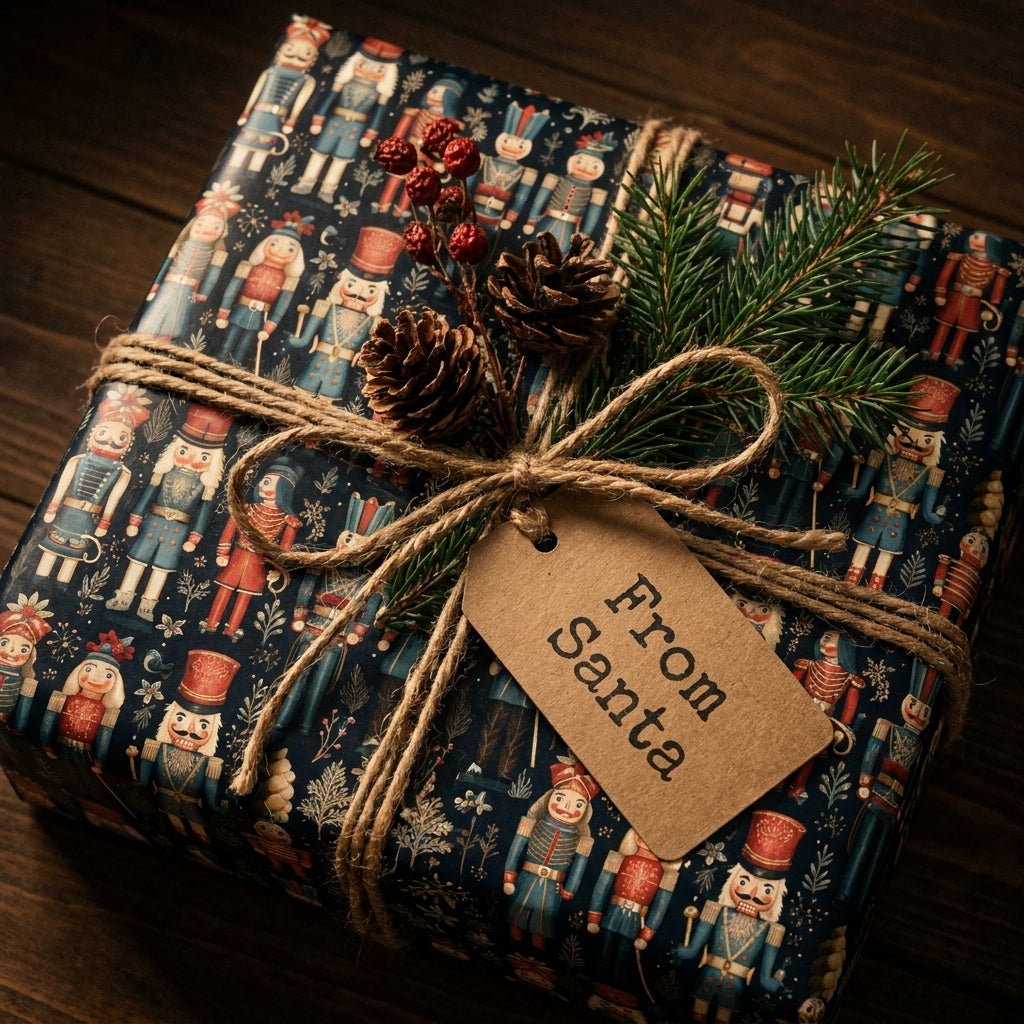 Nutcracker Christmas wrapping paper by Wrapped Studios on a gift with rustic twine and a From Santa tag.