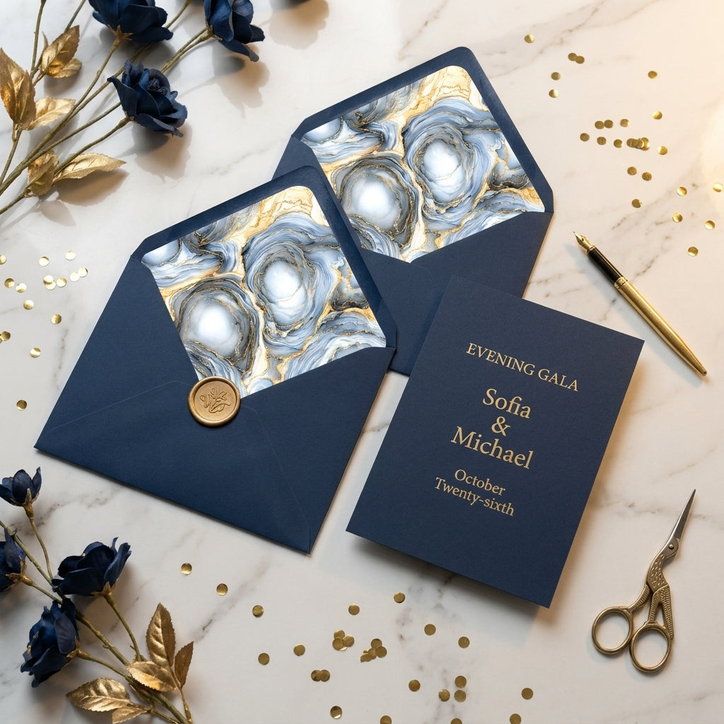 Luxury navy and gold marble envelope liners and gala invitation suite by Wrapped Studios.