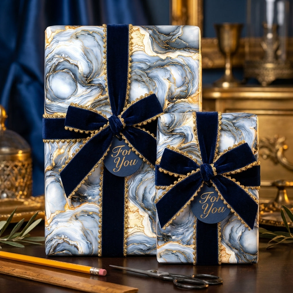 Luxury blue and gold marble wrapping paper with navy velvet bows by Wrapped Studios.