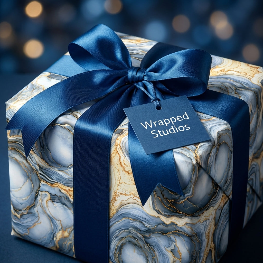 Luxury blue and gold marble wrapping paper with satin bow by Wrapped Studios.