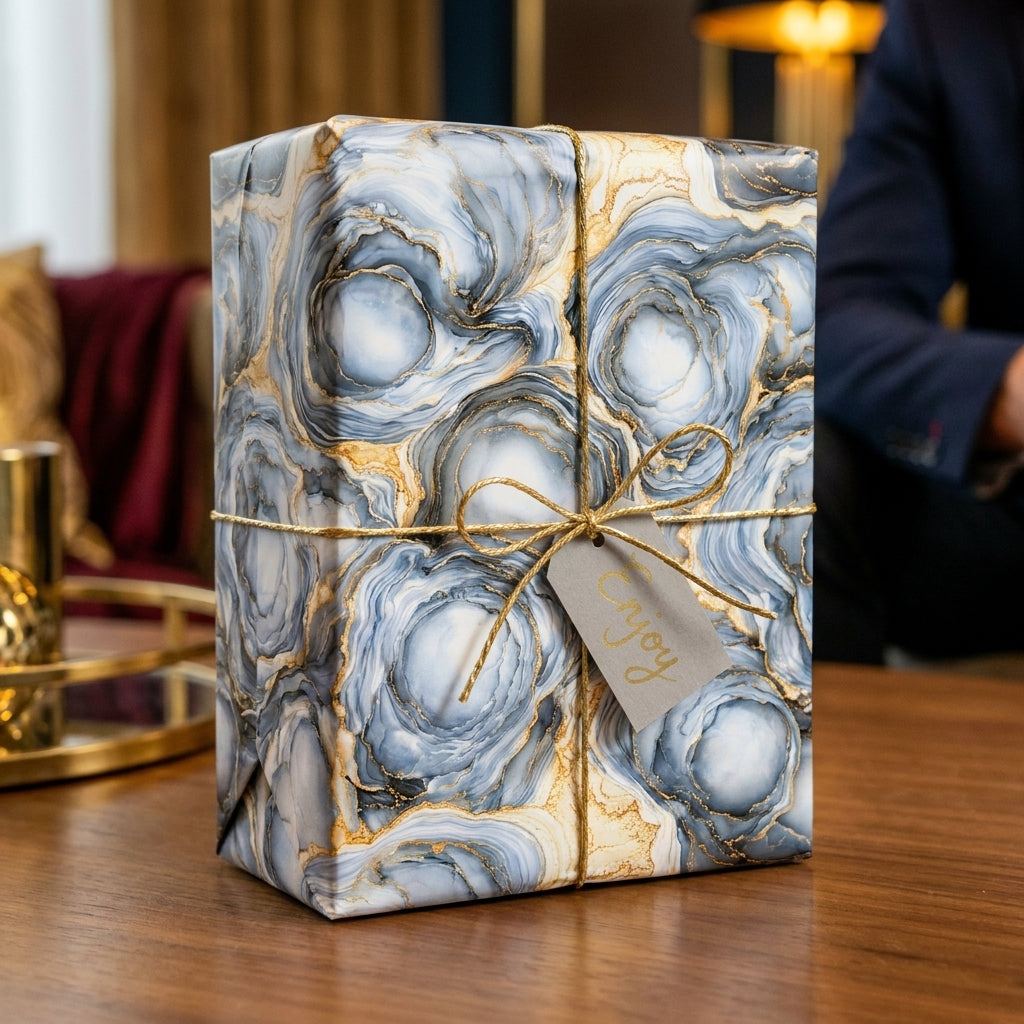 Luxury blue and gold marble wrapping paper with a gold twine bow by Wrapped Studios.