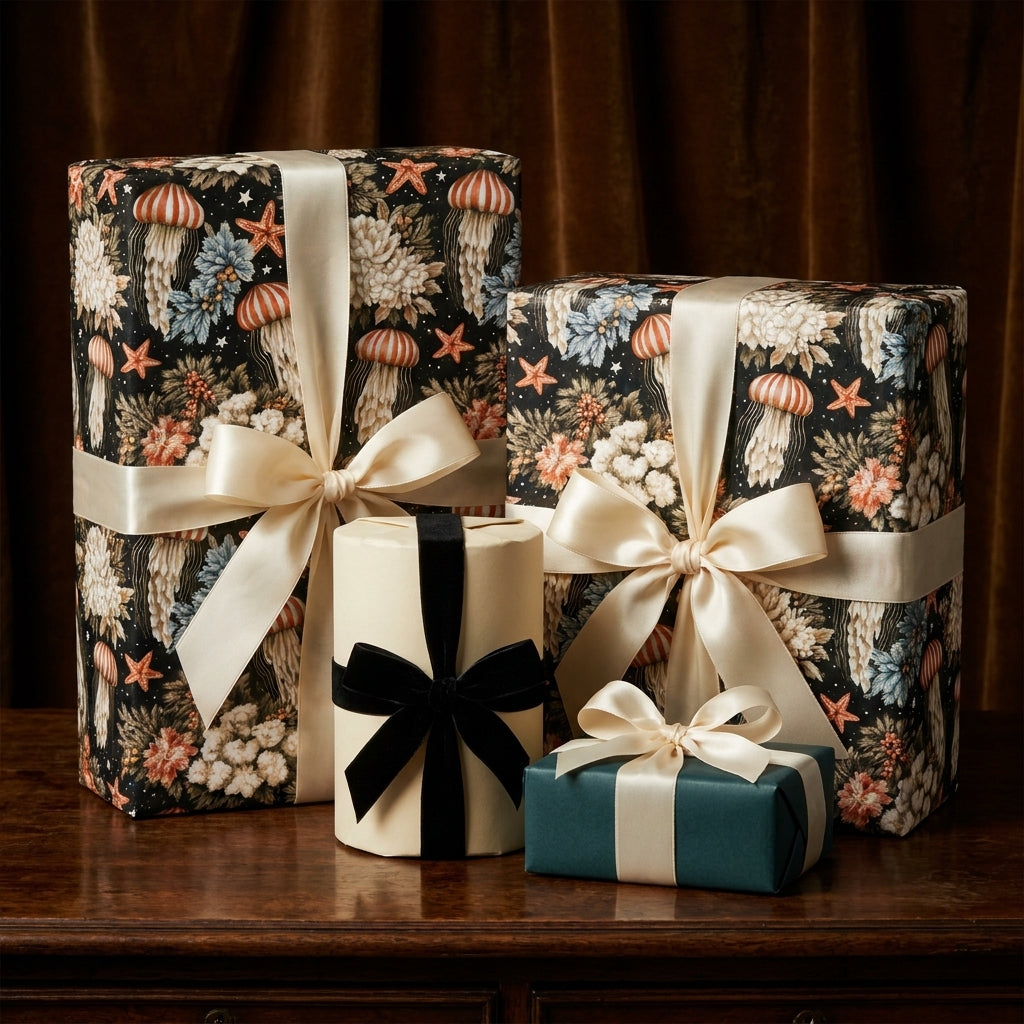 Luxury coastal wrapping paper with vintage jellyfish pattern on gift boxes by Wrapped Studios.