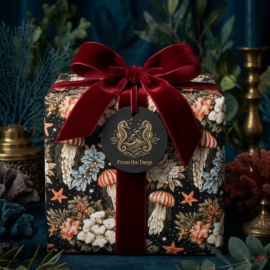 Luxury ocean wrapping paper with vintage jellyfish pattern and red velvet bow by Wrapped Studios.