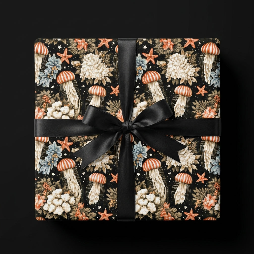 Luxury black coastal wrapping paper with vintage jellyfish pattern and black satin bow by Wrapped Studios.
