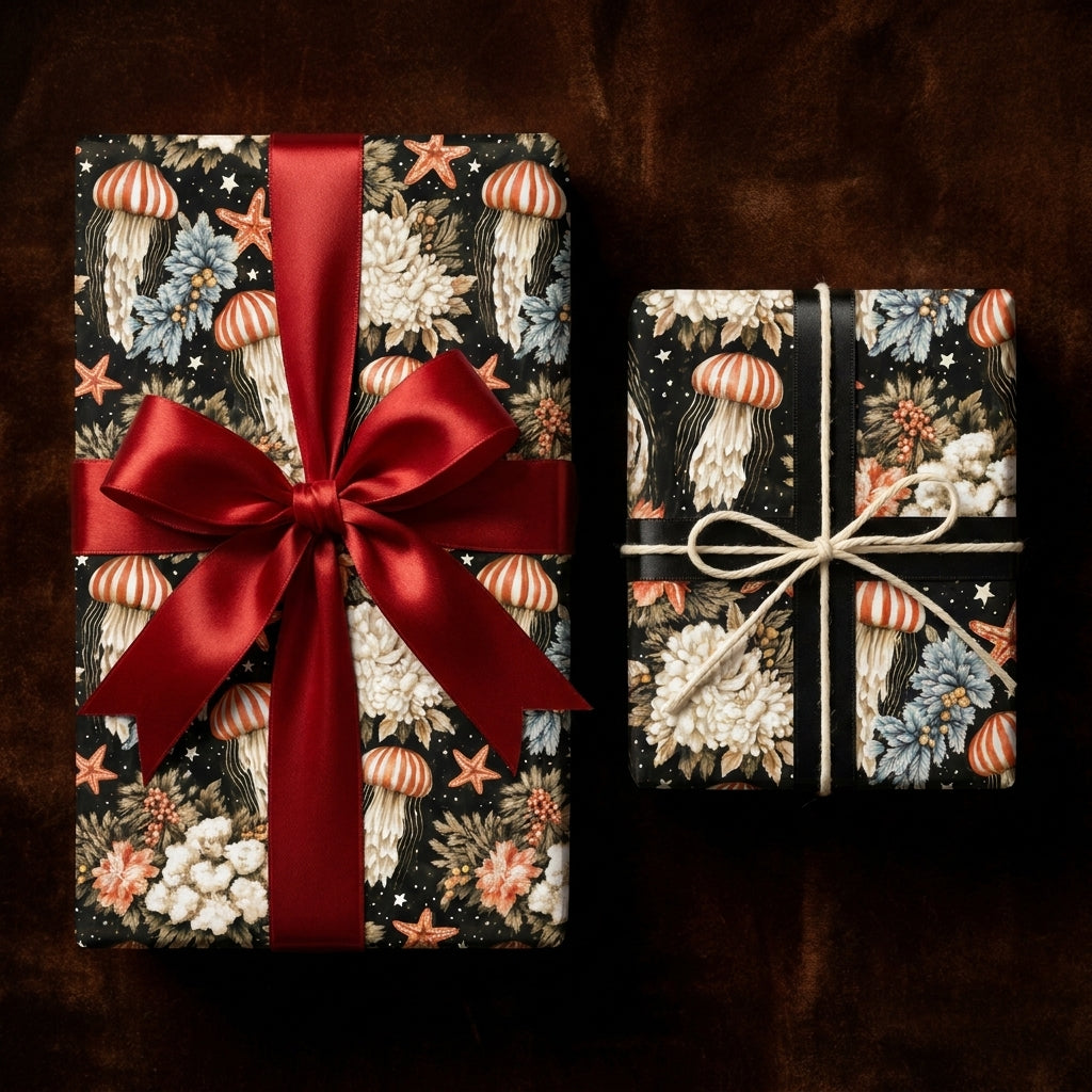 Vintage jellyfish wrapping paper with red satin ribbon on gift boxes. Elegant ocean gift wrap by Wrapped Studios.