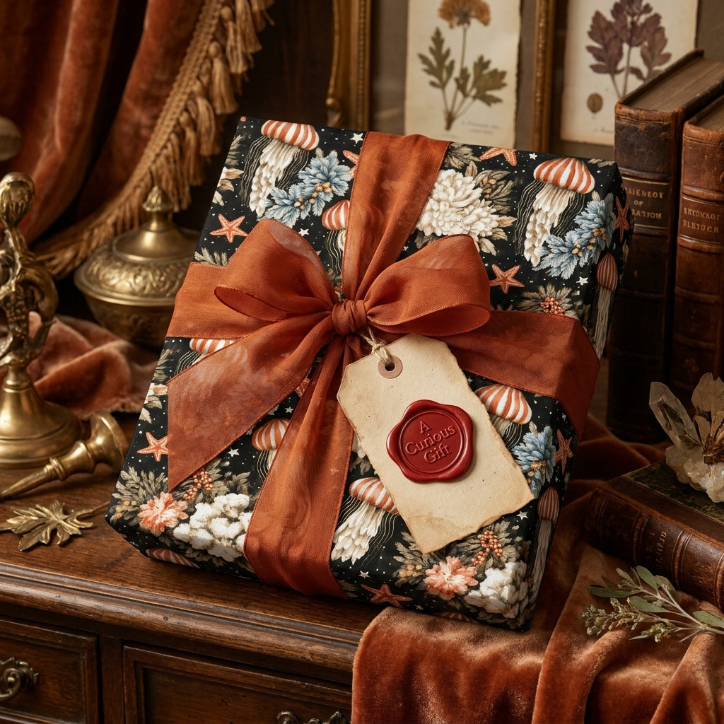 Vintage jellyfish botanical wrapping paper with a rust ribbon. Luxury gift wrap by Wrapped Studios.