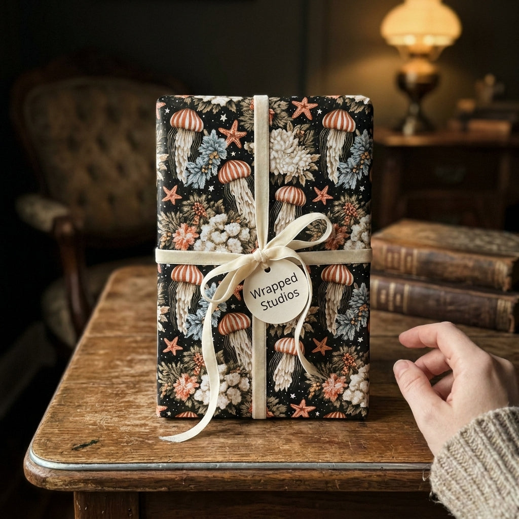 Luxury ocean wrapping paper with a vintage jellyfish pattern and cream velvet ribbon by Wrapped Studios.