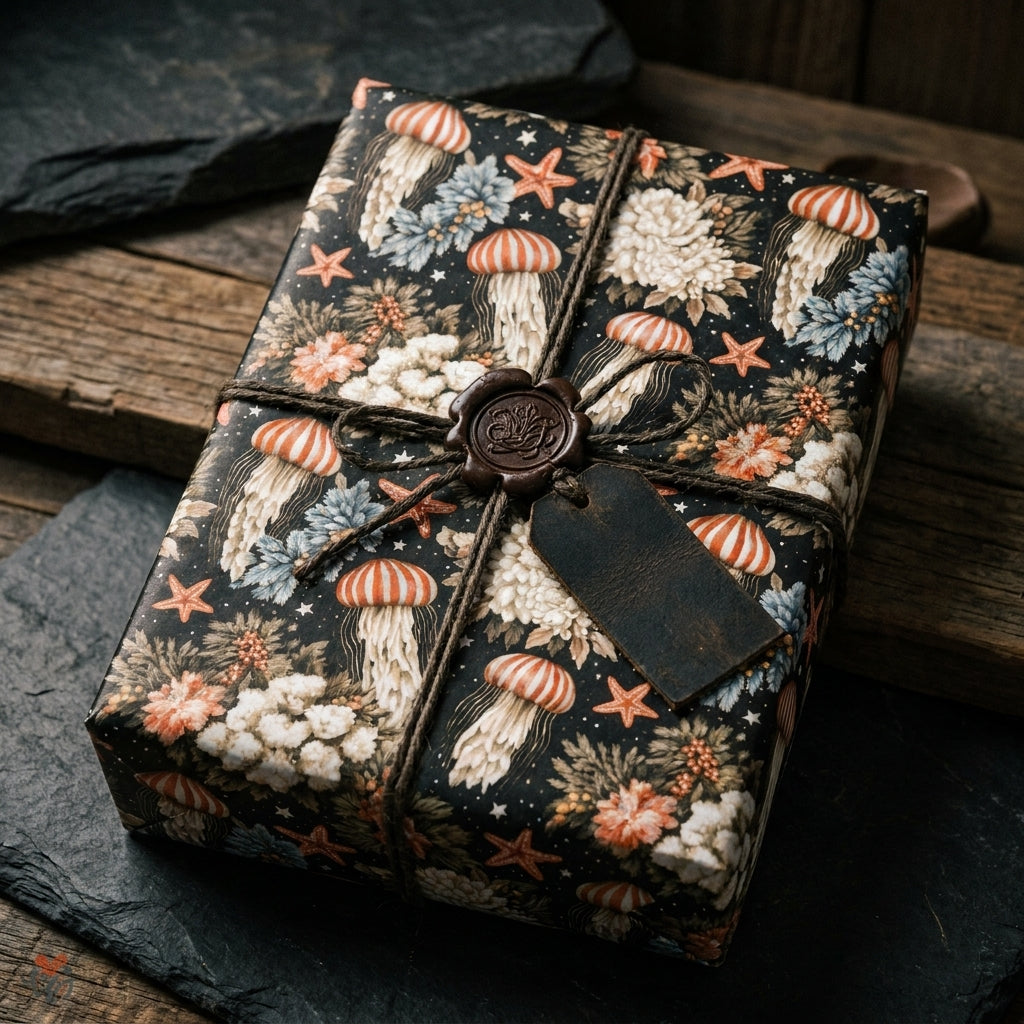 Vintage jellyfish wrapping paper with coastal pattern on a luxury gift box by Wrapped Studios.