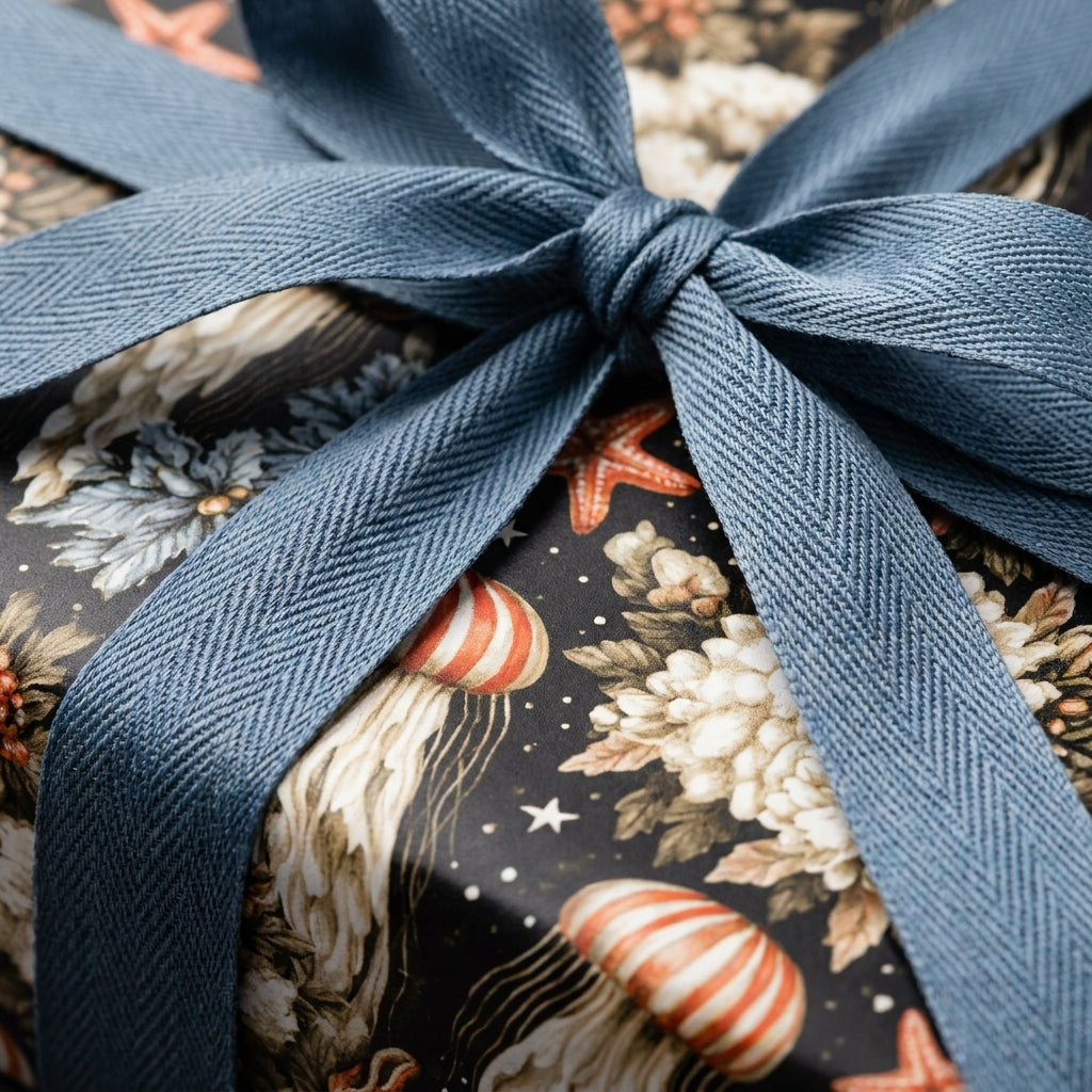 Luxury coastal wrapping paper with vintage jellyfish and a blue ribbon by Wrapped Studios.