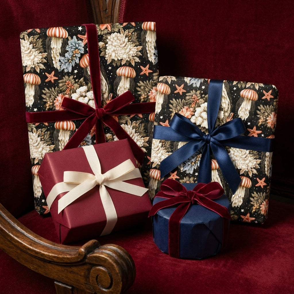Moody jellyfish wrapping paper on luxury gift wrap boxes with velvet ribbons by Wrapped Studios.