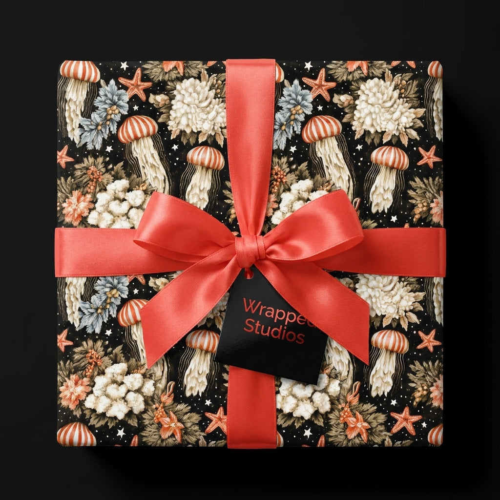 Coastal jellyfish and floral gift wrap with a coral satin bow by Wrapped Studios.