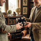 Two men exchange a gift in luxury botanical wrapping paper with a black velvet ribbon by Wrapped Studios.