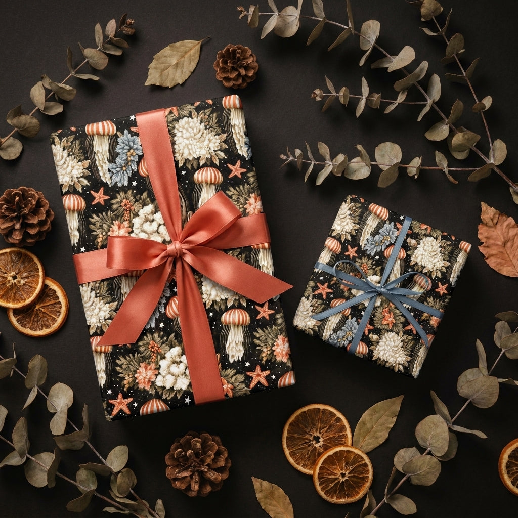 Luxury ocean floral wrapping paper with jellyfish and starfish on gift boxes by Wrapped Studios.