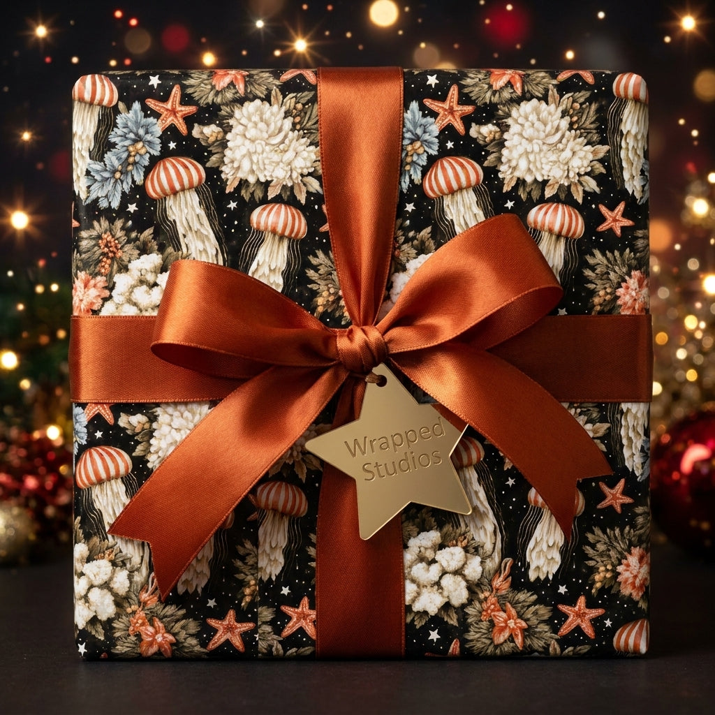 Luxury jellyfish Christmas wrapping paper with copper satin bow by Wrapped Studios.