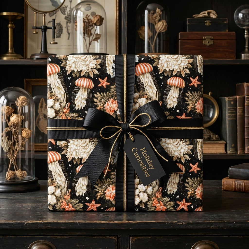 Vintage gothic wrapping paper with jellyfish and black bow on a luxury gift box by Wrapped Studios.