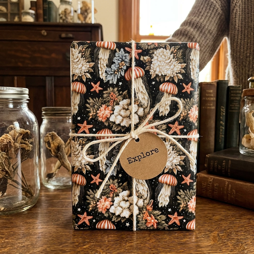 Vintage ocean wrapping paper with jellyfish pattern and twine bow on a gift, by Wrapped Studios.