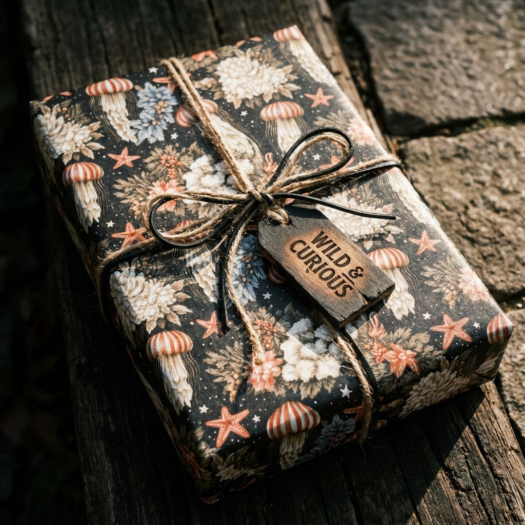 Vintage ocean wrapping paper with jellyfish on a rustic gift box by Wrapped Studios.