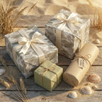 Luxury beach wedding gift wrap with ocean wave pattern and satin bows by Wrapped Studios.