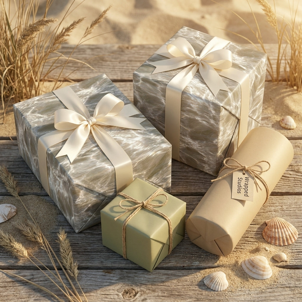 Luxury beach wedding gift wrap with ocean wave pattern and satin bows by Wrapped Studios.