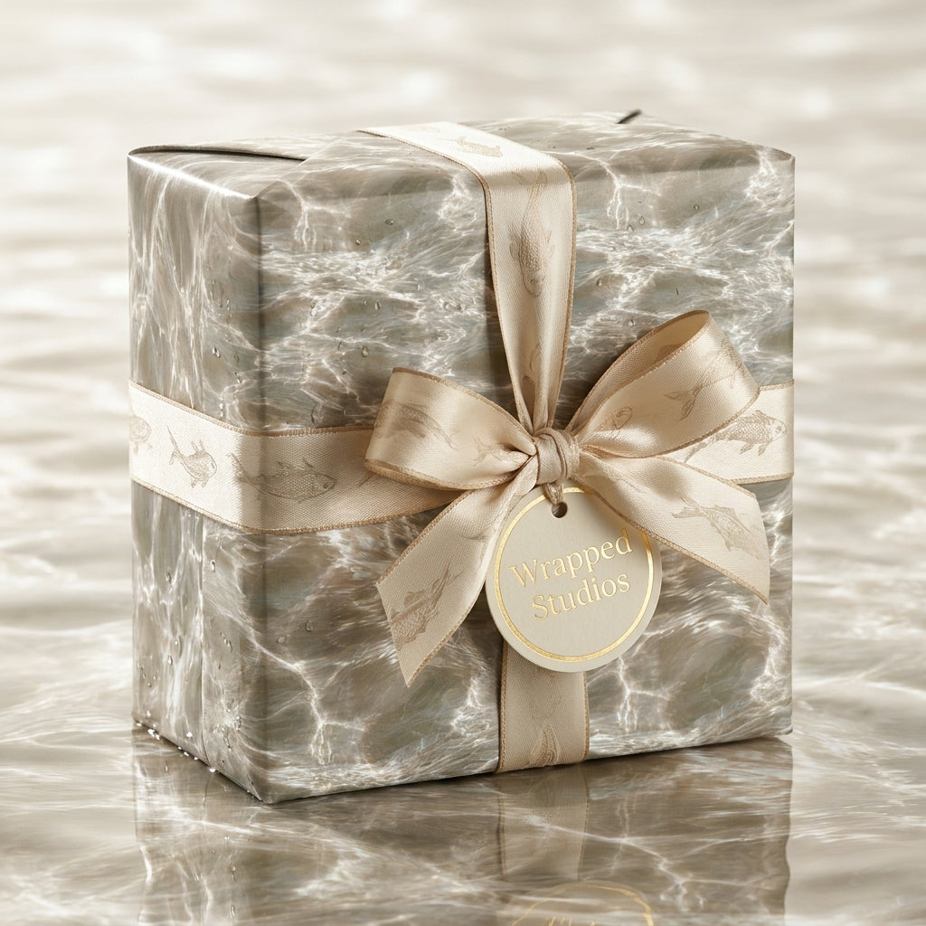 Ocean water print wrapping paper with a luxury cream ribbon and bow by Wrapped Studios.