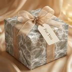 Luxury marble wrapping paper with a champagne ribbon and For You gift tag, by Wrapped Studios.
