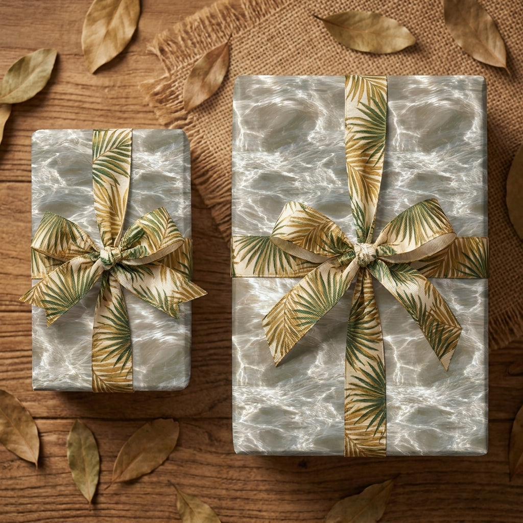 Coastal ocean water wrapping paper with tropical palm leaf ribbon by Wrapped Studios.