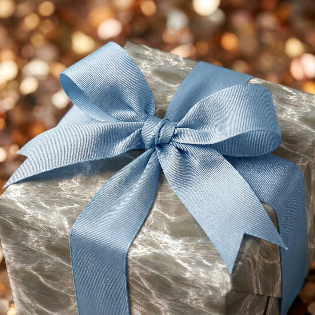 Luxury marble wrapping paper with a dusty blue ribbon bow by Wrapped Studios.