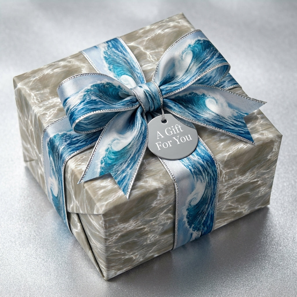 Luxury ocean wrapping paper with a blue wave ribbon and silver gift tag by Wrapped Studios.