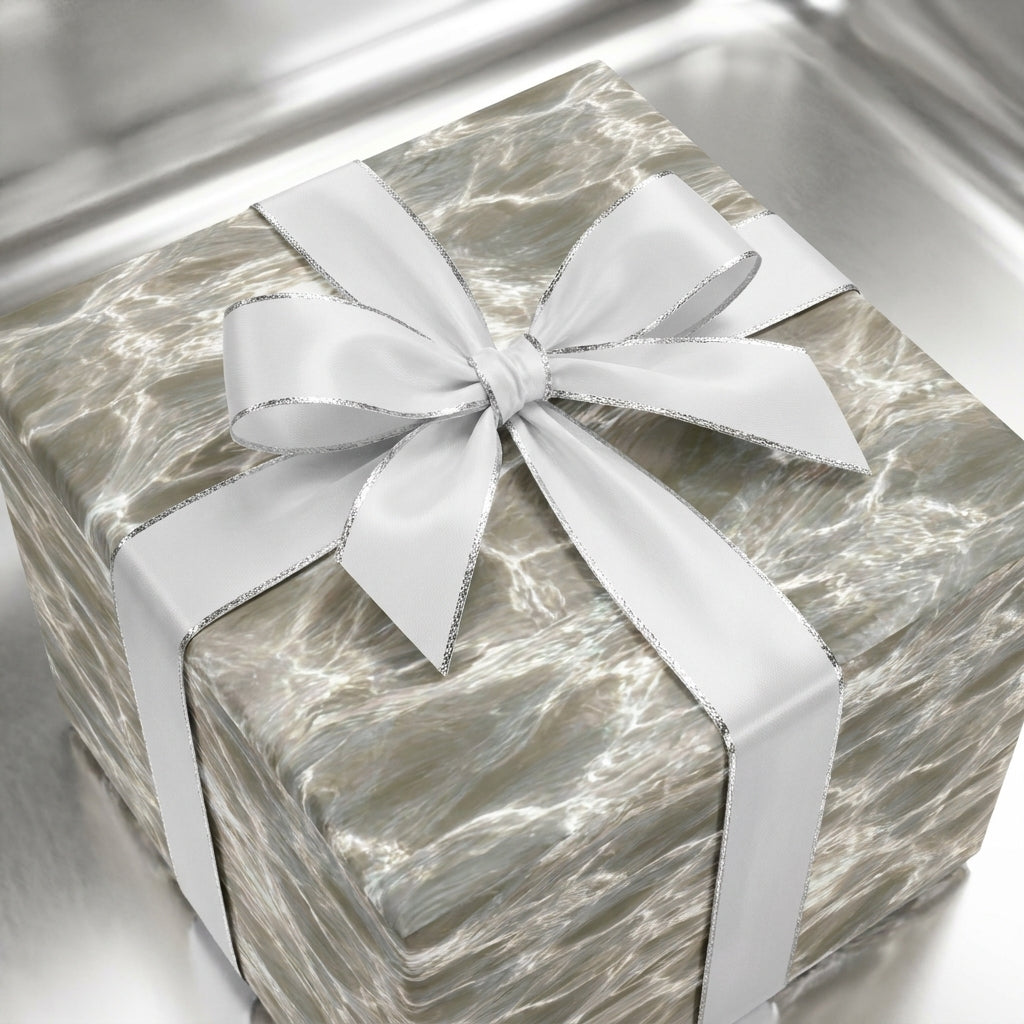 Luxury silver marble wrapping paper with a white satin bow on a gift box, by Wrapped Studios.