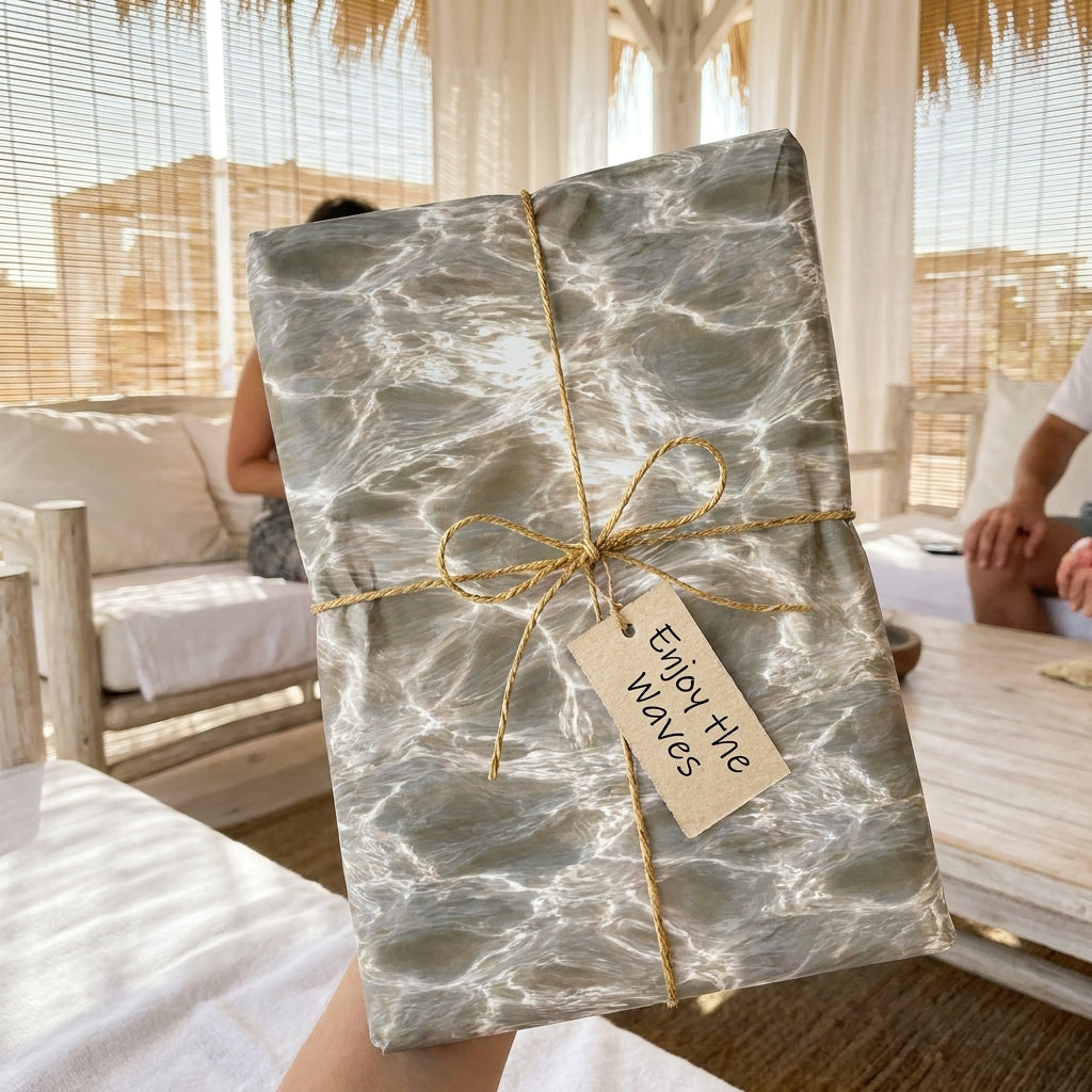 Luxury ocean wave wrapping paper with twine bow and gift tag by Wrapped Studios.