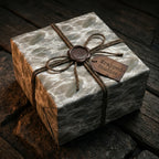 Elegant marble wrapping paper with rustic twine and wax seal on a gift box by Wrapped Studios.