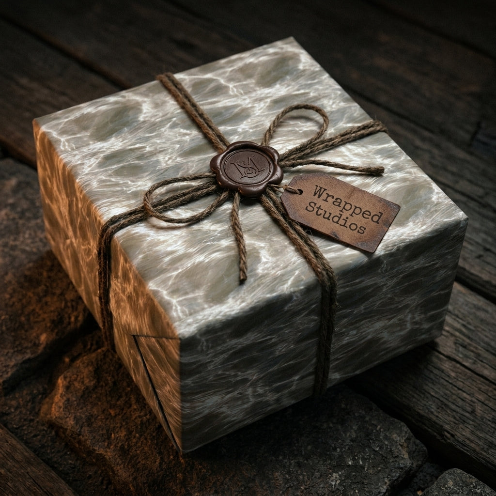 Elegant marble wrapping paper with rustic twine and wax seal on a gift box by Wrapped Studios.