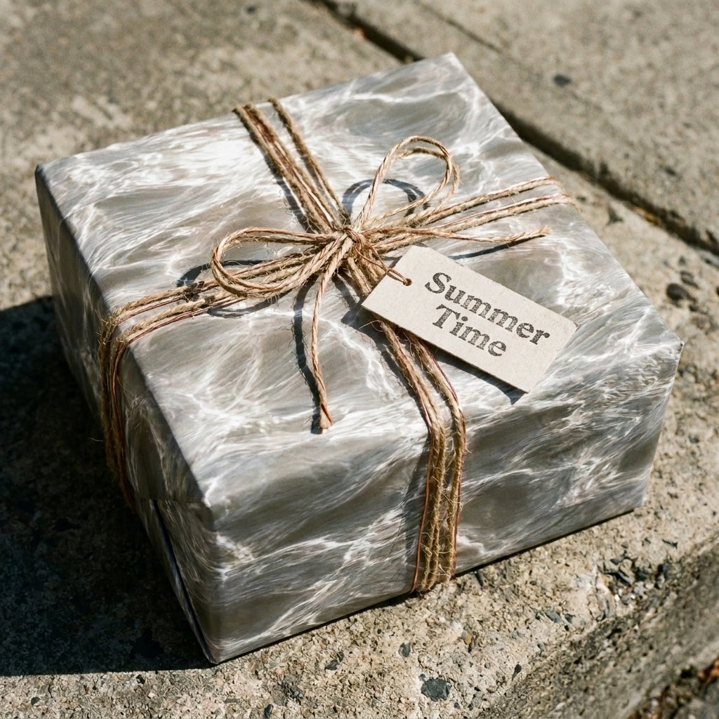 Grey marble wrapping paper with rustic twine and summer gift tag on a gift box by Wrapped Studios.
