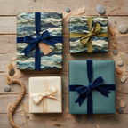 Elegant gift wrapping: square boxes with luxury velvet ribbons and ocean-themed paper on a rustic wood surface.
