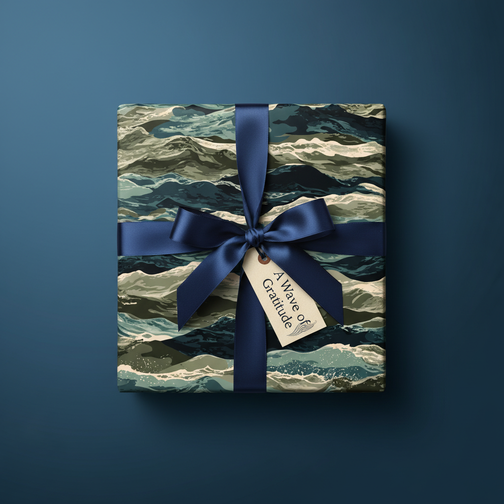 Gift wrapped in wave-patterned paper with a navy ribbon and "A Wave of Gratitude" tag, set against a matching navy background.