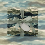Blue and olive abstract wave pattern gift wrap with sheer ribbon bow and tag.
