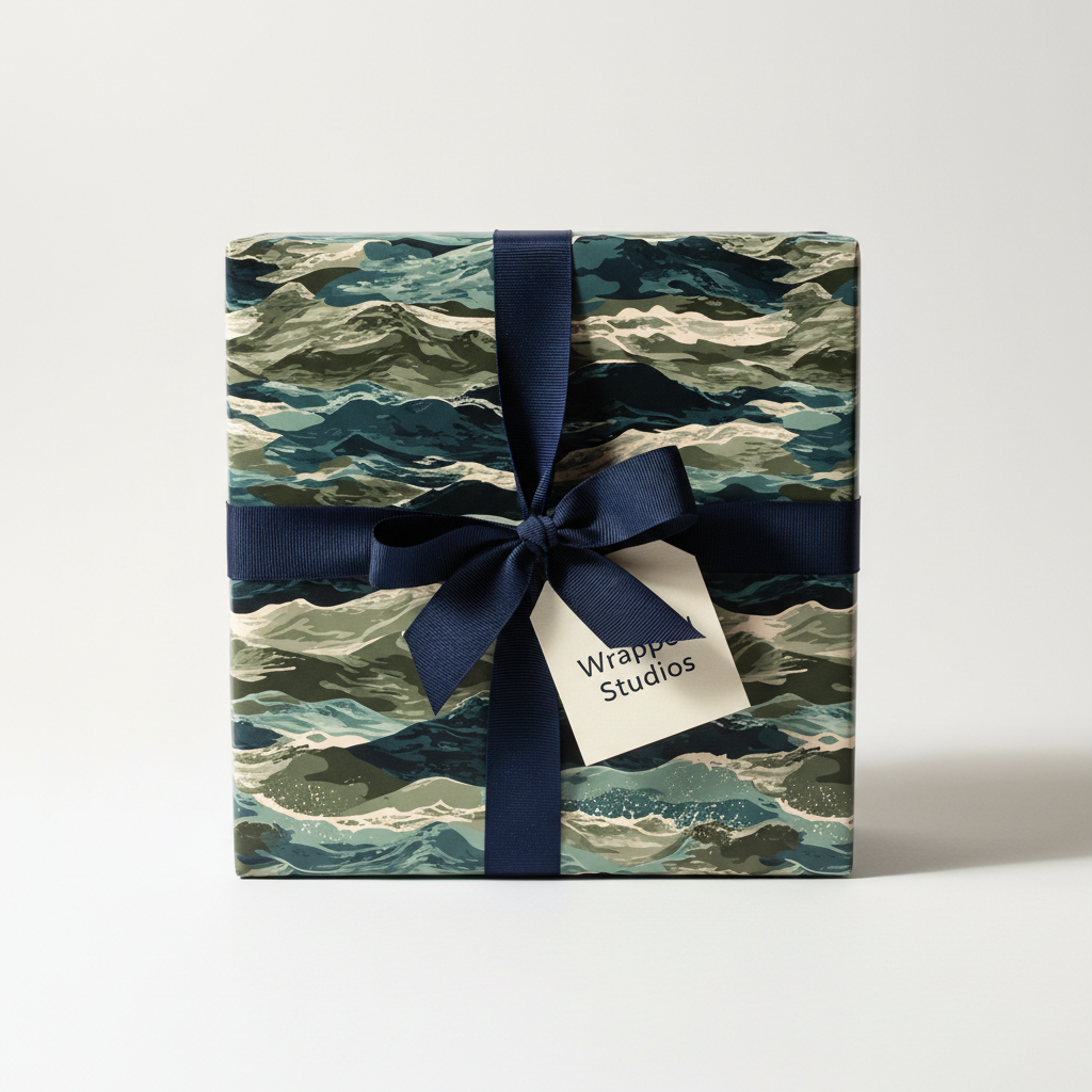 Abstract wave pattern gift wrap with navy ribbon on a square present; stylish birthday wrapping paper.