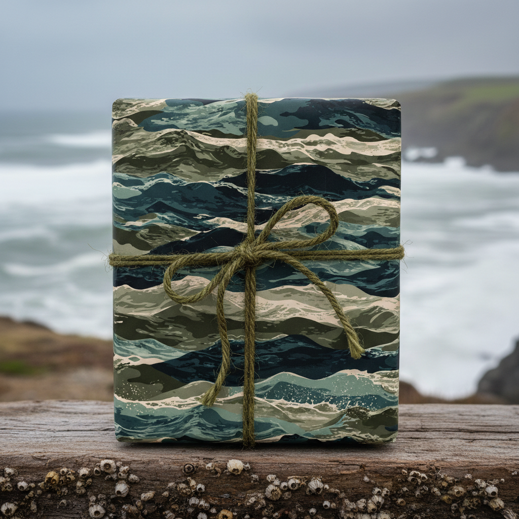 Ocean wave pattern gift wrapped in a rustic twine bow, perfect for coastal-themed birthday wrapping paper.