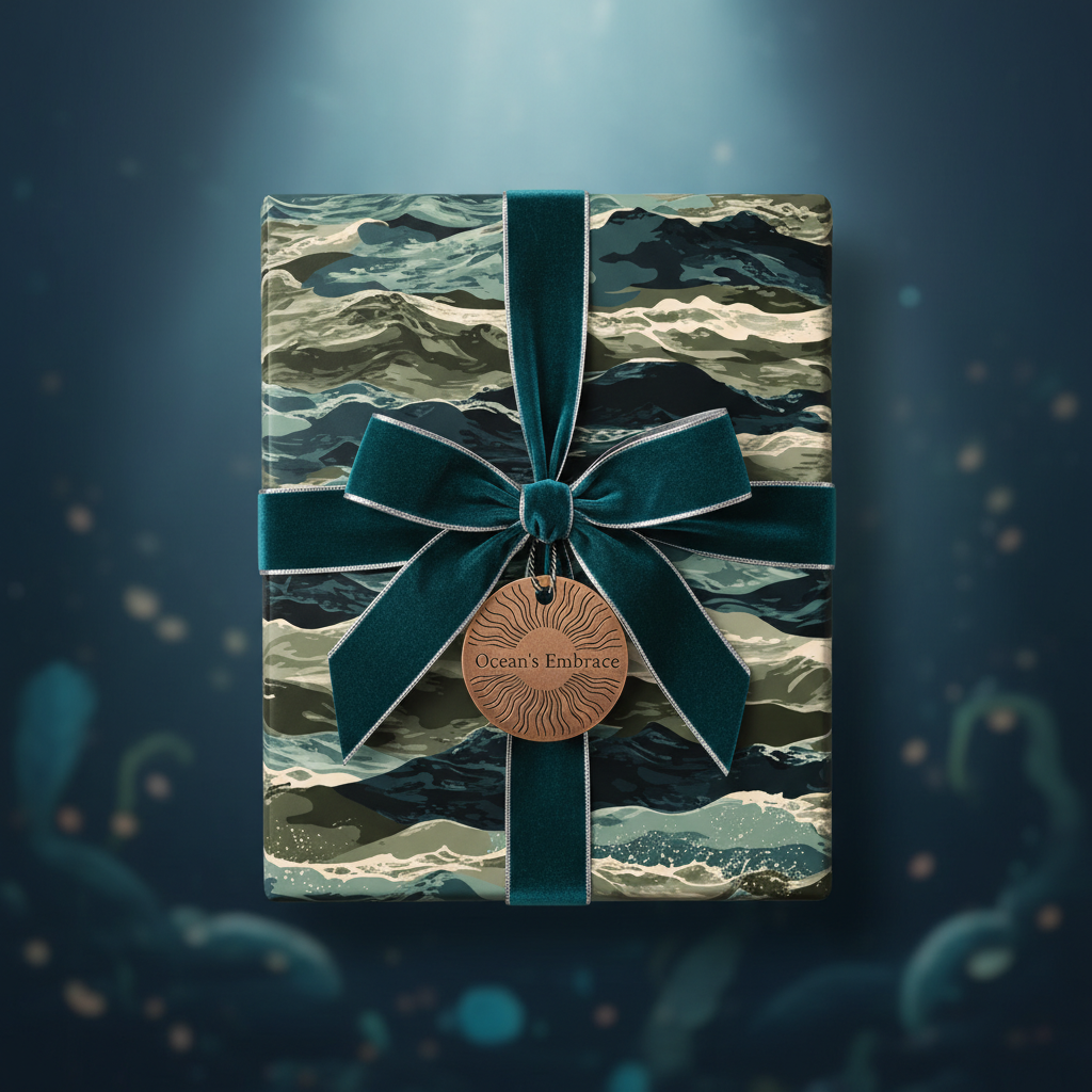 Elegant ocean wave wrapping paper with dark teal velvet ribbon and "Ocean's Embrace" tag.